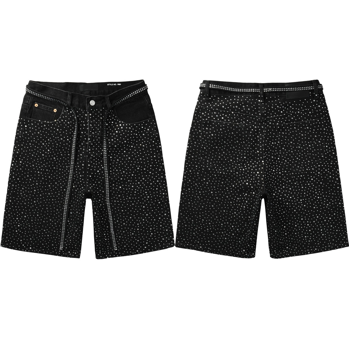 Men Streetwear Black Denim Shorts with Allover Rhinestone Studs and Zipper Details 5095