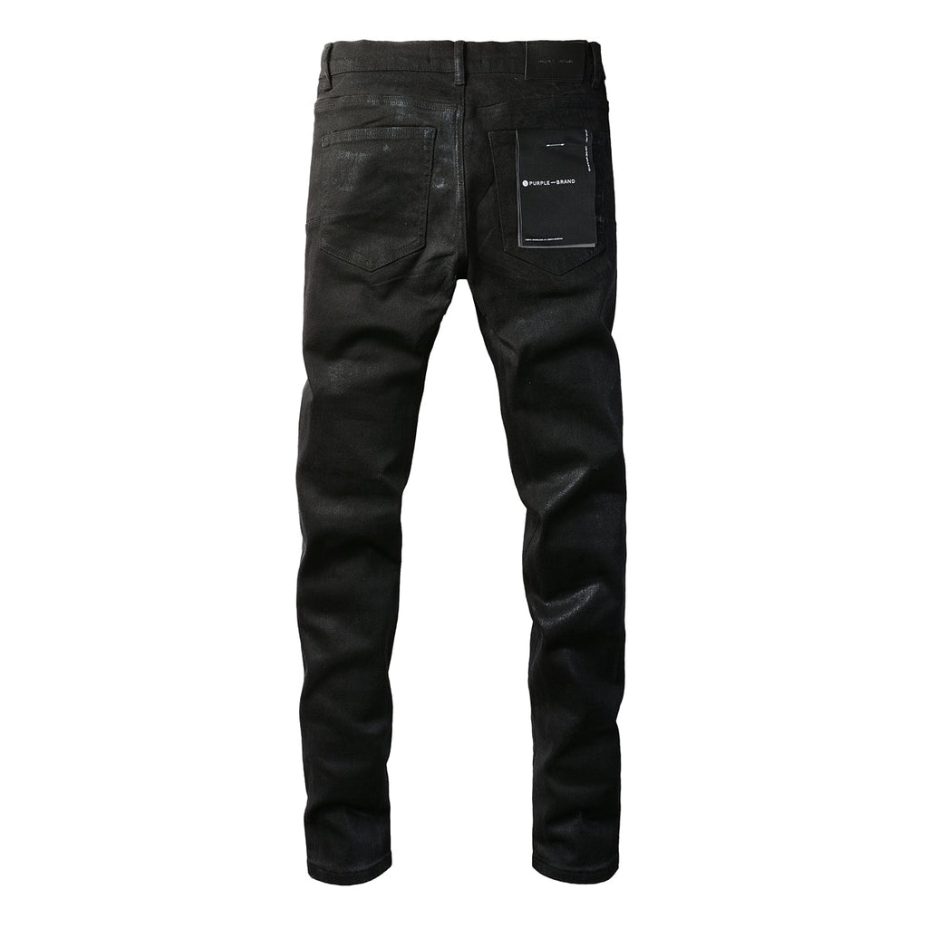 Men Streetwear Skinny Jeans Black Wash with Subtle Sheen and Tag Accent 9082
