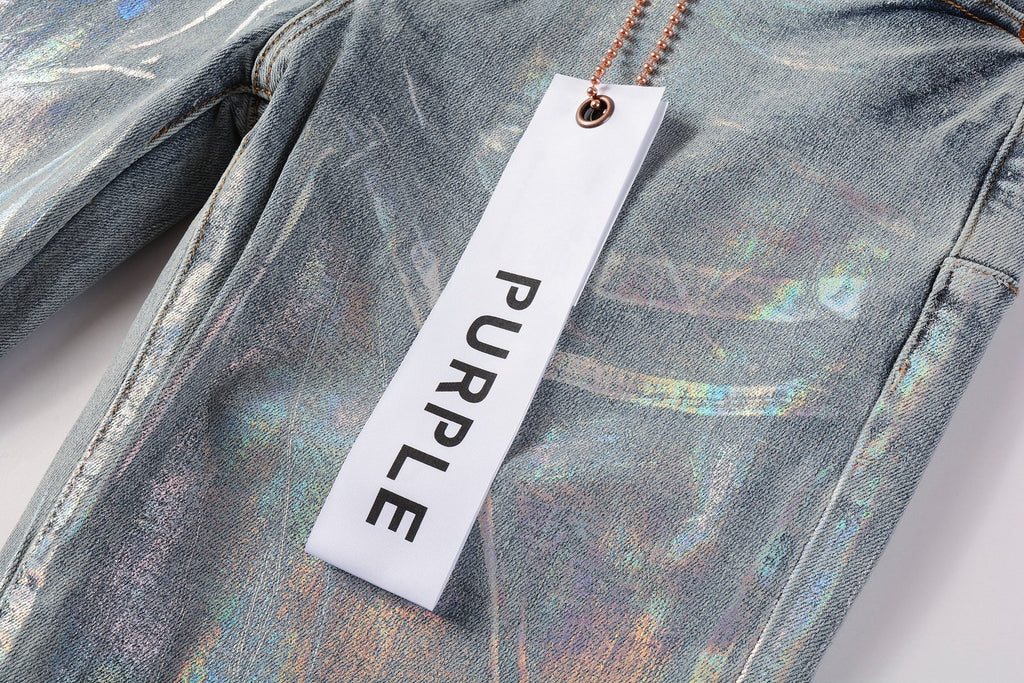 Men Streetwear Skinny Jeans Light Blue Wash with Holographic Iridescent Finish 9005