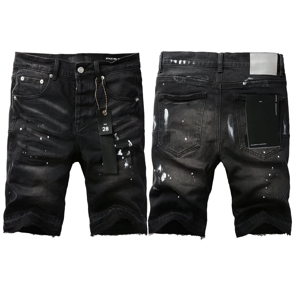 Men Streetwear Denim Shorts Black Wash with White Paint Splashes and Raw Hem 5002