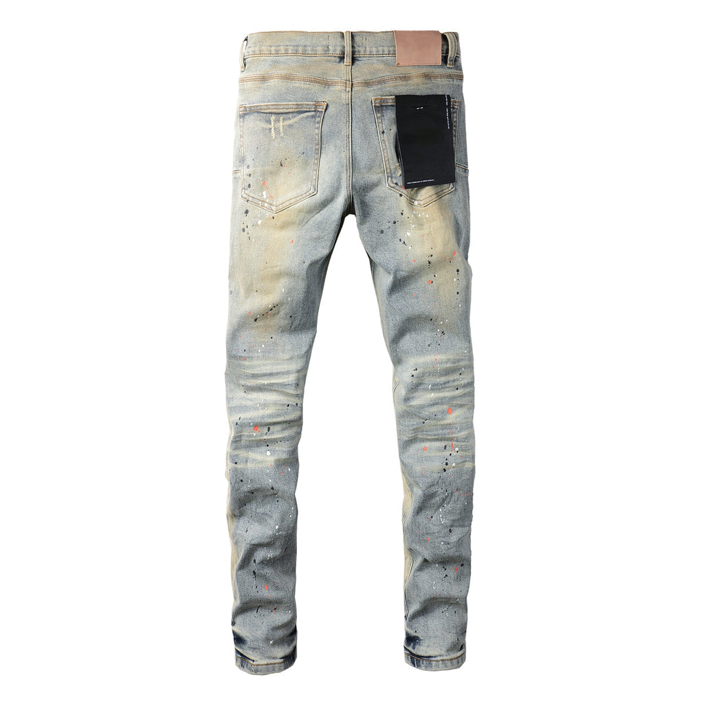 Men Streetwear Skinny Jeans Light Gray Wash with Multi-Color Paint Splatter and Distressed Patches 9071