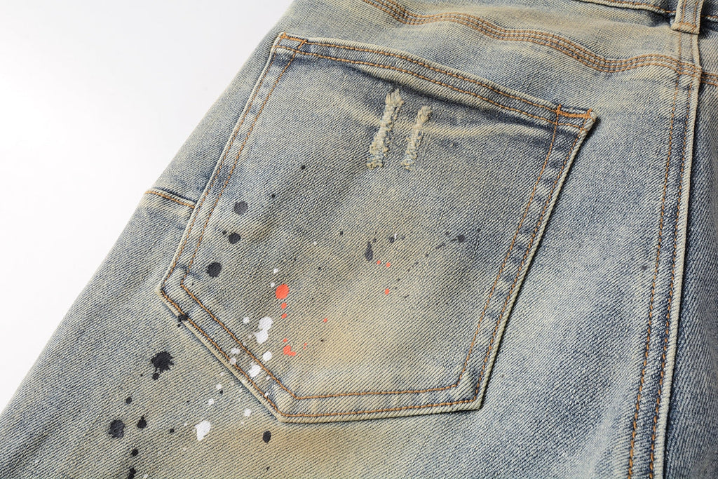 Men Streetwear Skinny Jeans Light Gray Wash with Multi-Color Paint Splatter and Distressed Patches 9071