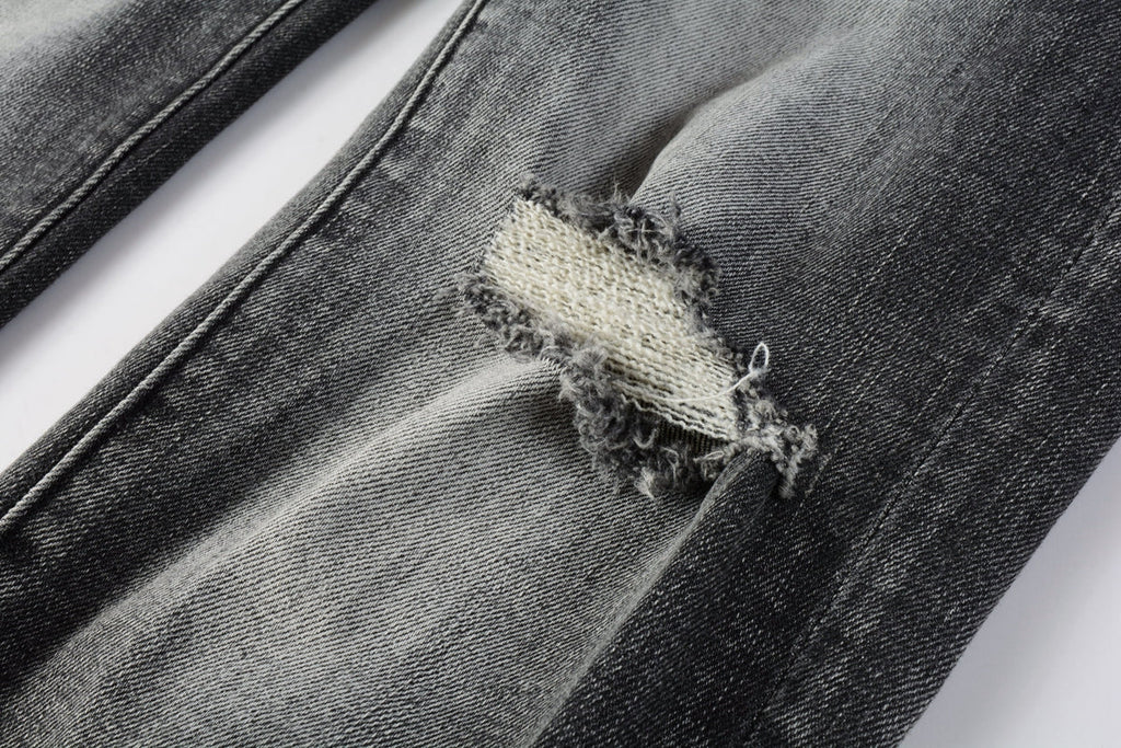 Men Classic Streetwear Jeans Distressed Grey Ripped skinny Fit 9103