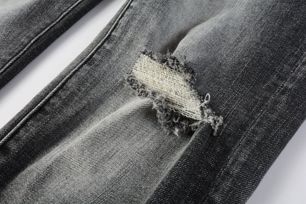 Men Classic Streetwear Jeans Distressed Grey Ripped skinny Fit 9103