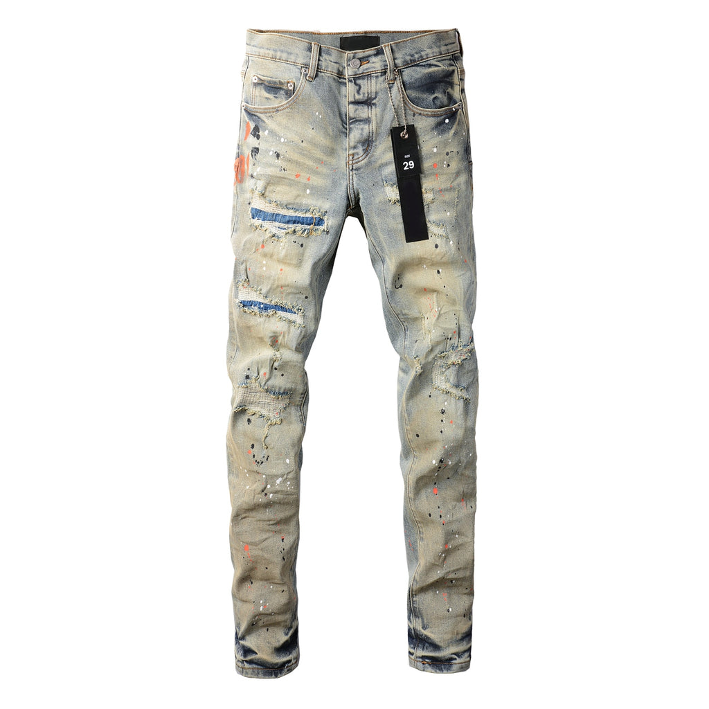Men Streetwear Skinny Jeans Light Gray Wash with Multi-Color Paint Splatter and Distressed Patches 9071