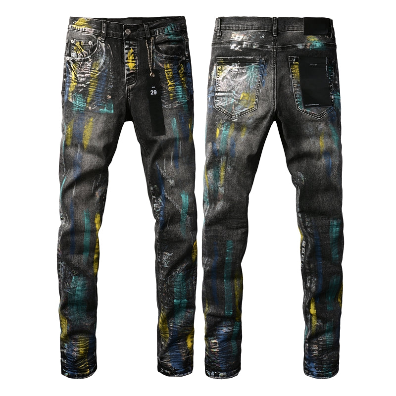 Men Streetwear Skinny Jeans Black Wash with Colorful Graffiti Paint Splash 9078