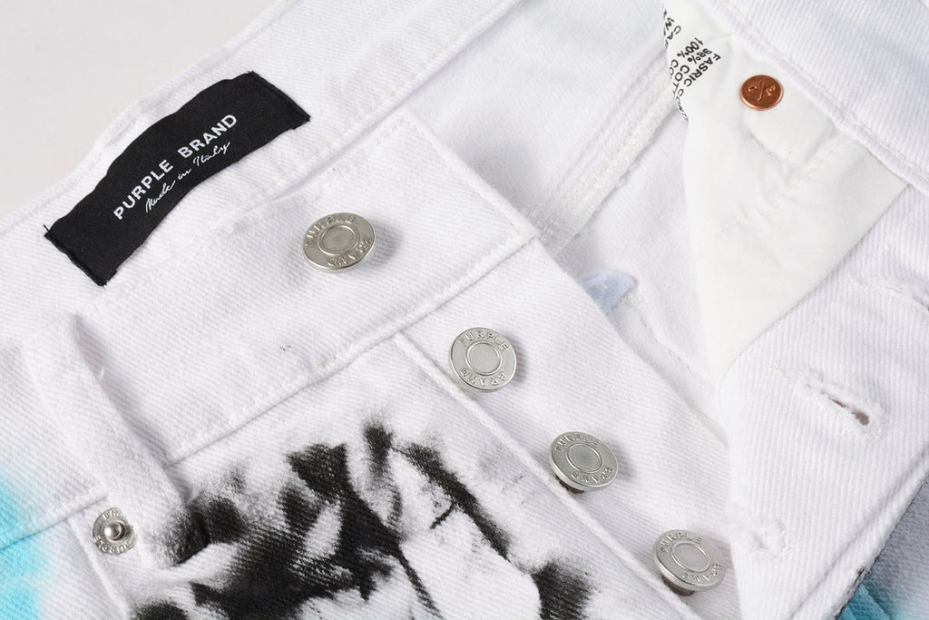Men Streetwear Denim Shorts White Wash with Blue - Black Ink Floral Print and Raw Hem 5065