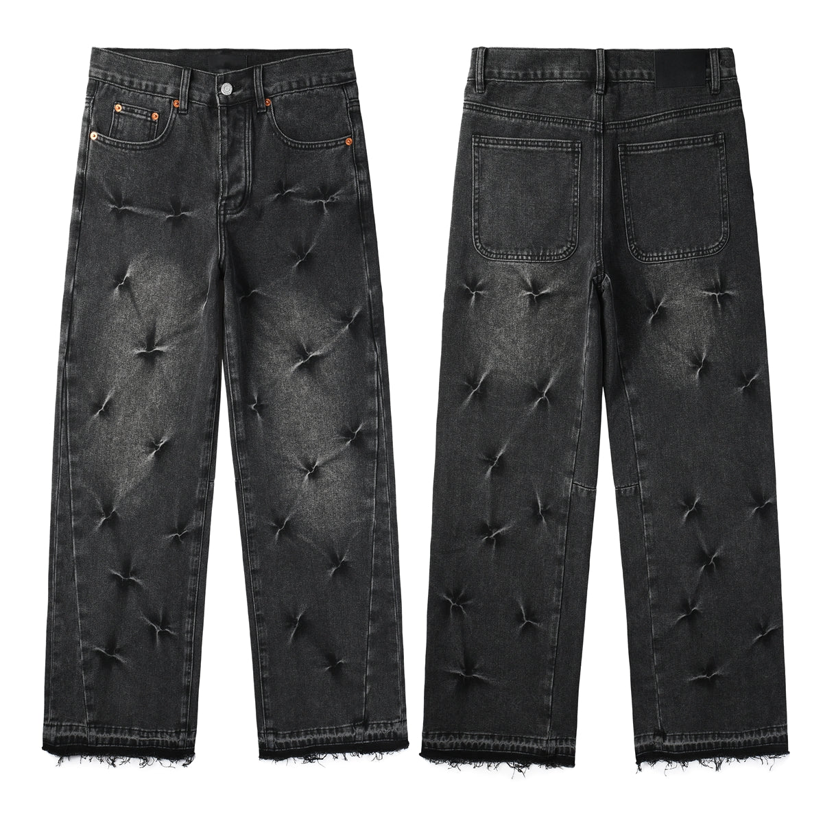 Men Streetwear Wide-Leg Jeans Black Gray Wash with 3D Pinched Pleats