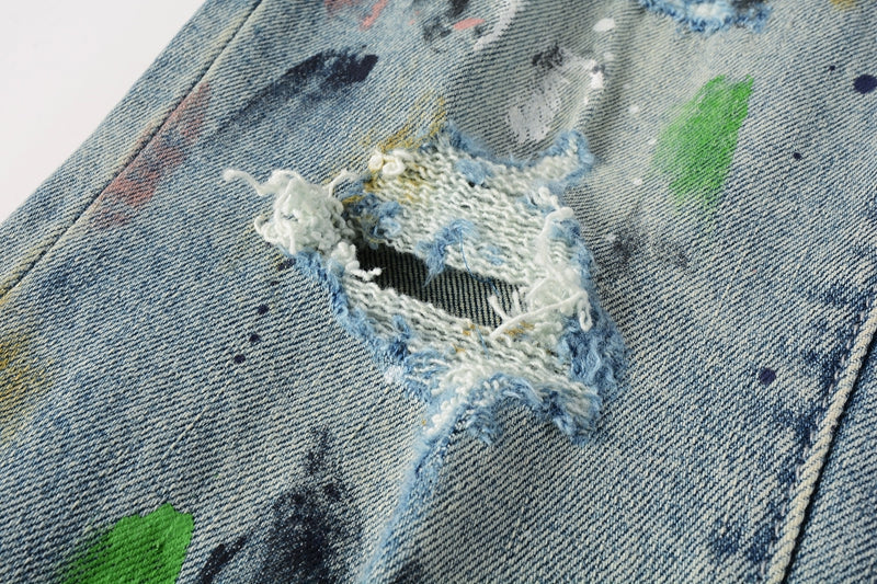 Men Streetwear Skinny Jeans Light Blue Wash with Multi-Color Paint Splatter and Distressed Rips 9072