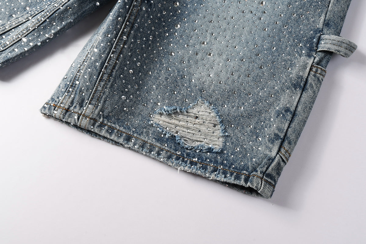 Men Streetwear Cargo Denim Shorts Light Blue Wash with Rhinestone Embellishment and Distressed Details 5097