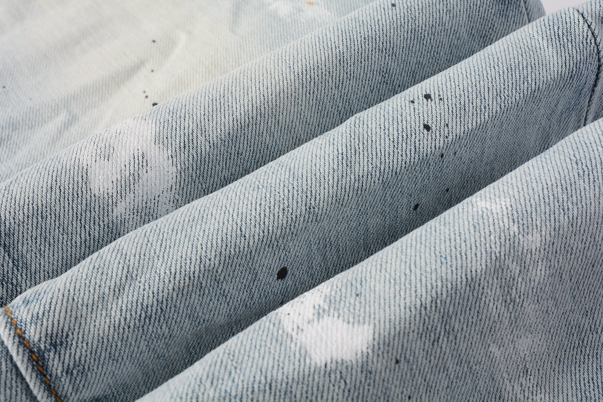 Men Streetwear Skinny Jeans Light Blue Wash with White Paint Splatter and Subtle Distress 9006
