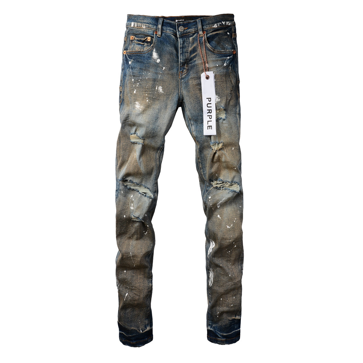 Men Streetwear Skinny Jeans Light Blue Wash with Distressed Rips and White Paint Splatter 9012