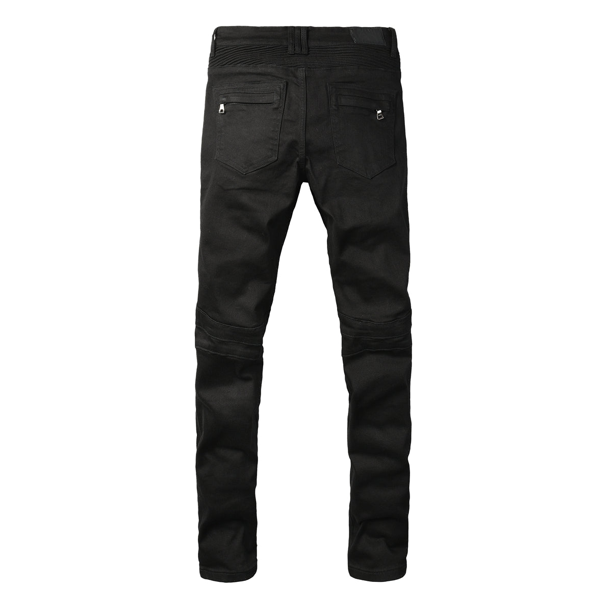 Men Streetwear Biker Skinny Jeans Black with Knee Pleats and Zipper Pockets 0964