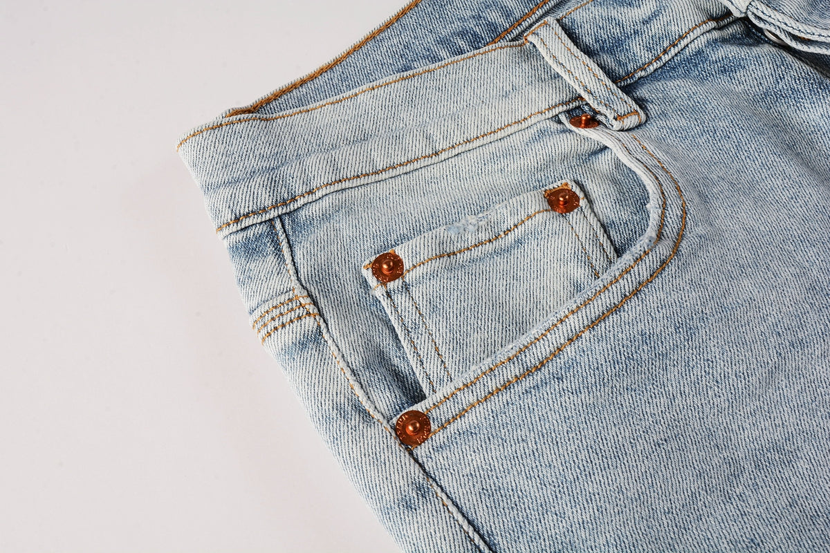 Men Streetwear Skinny Jeans Light Blue Wash with Knee Ripped Details and Black Lining 9010