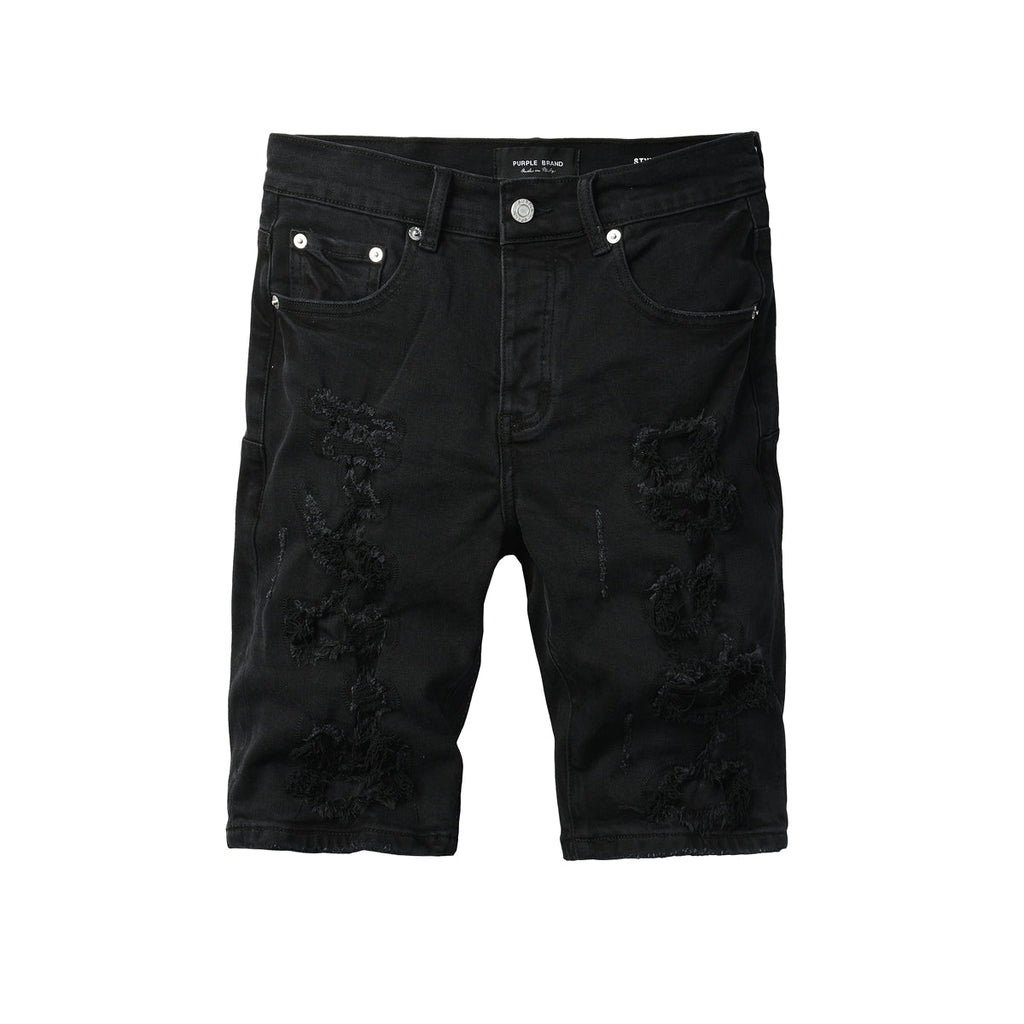 Men Streetwear Black Denim Shorts with Distressed Ripped Details and Raw Hem 5108