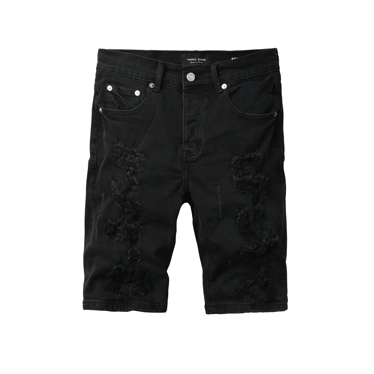 Men Streetwear Black Denim Shorts with Distressed Ripped Details and Raw Hem 5108