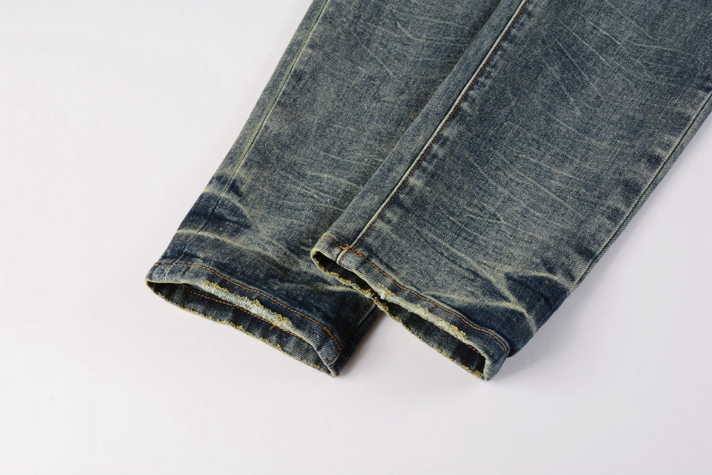 Men Streetwear Skinny Jeans Light Blue Wash with Faded Gradient Distress 9042