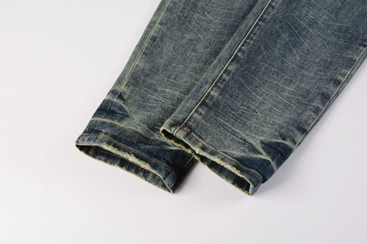 Men Streetwear Skinny Jeans Light Blue Wash with Faded Gradient Distress 9042