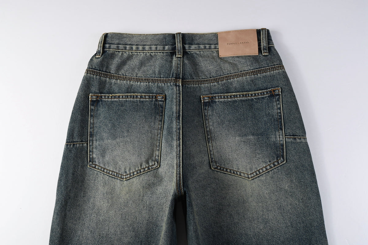Men Vintage Streetwear Straight Jeans Blue Washed with Whisker Fade and Contrast Panels PU9120