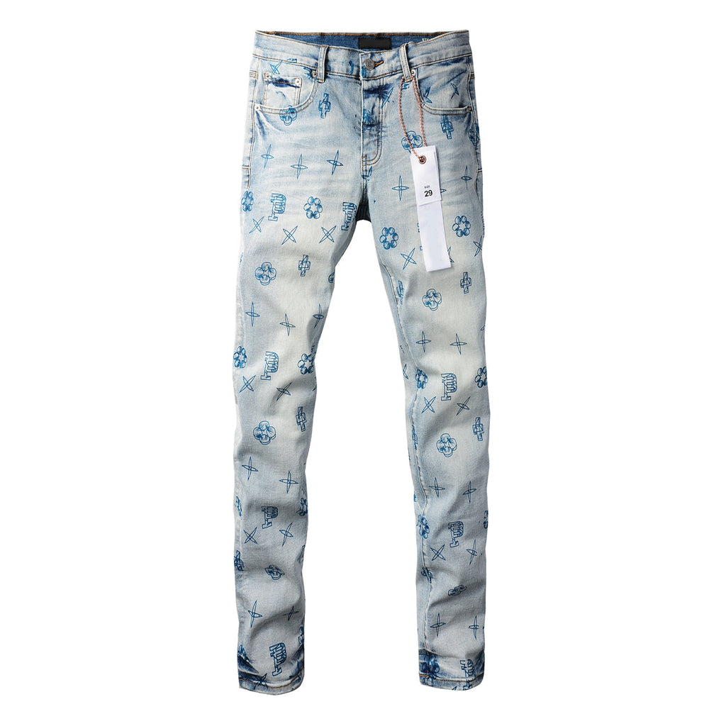 Men Streetwear Skinny Jeans Light Blue Wash with White Paint Brush Strokes 9063