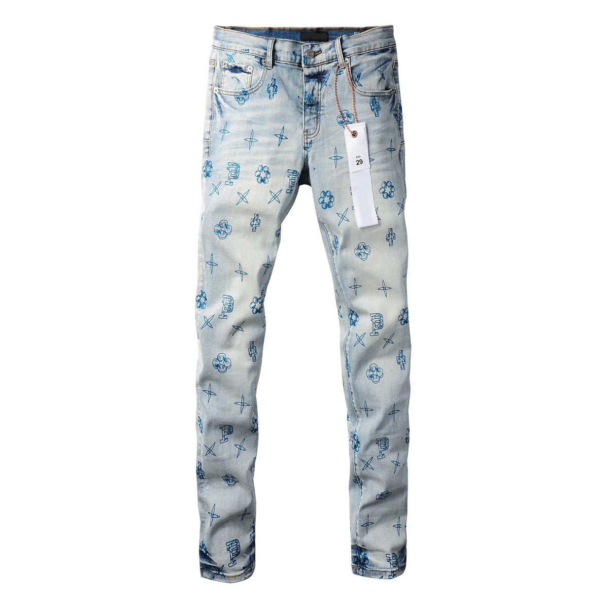 Men Streetwear Skinny Jeans Light Blue Wash with White Paint Brush Strokes 9063