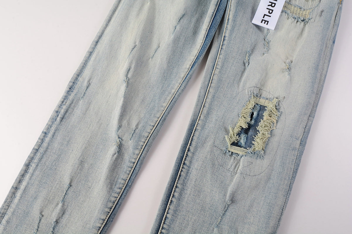 Men Streetwear Skinny Jeans Light Blue Wash with Heavy Distressed Rips 9050