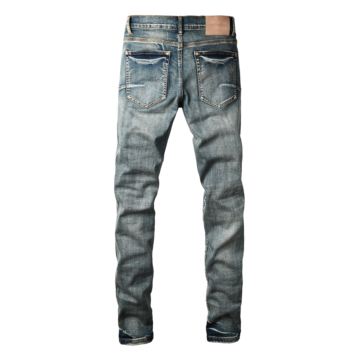 Men Streetwear Skinny Jeans Light Blue Wash with Red - Patched Distressed Details 9114
