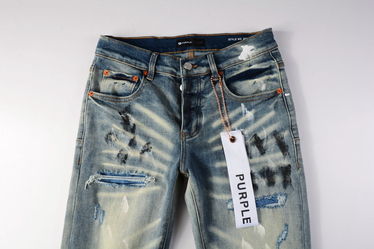 Men Classic Streetwear Jeans DistressedBlue Paint Slash Skinny 9037