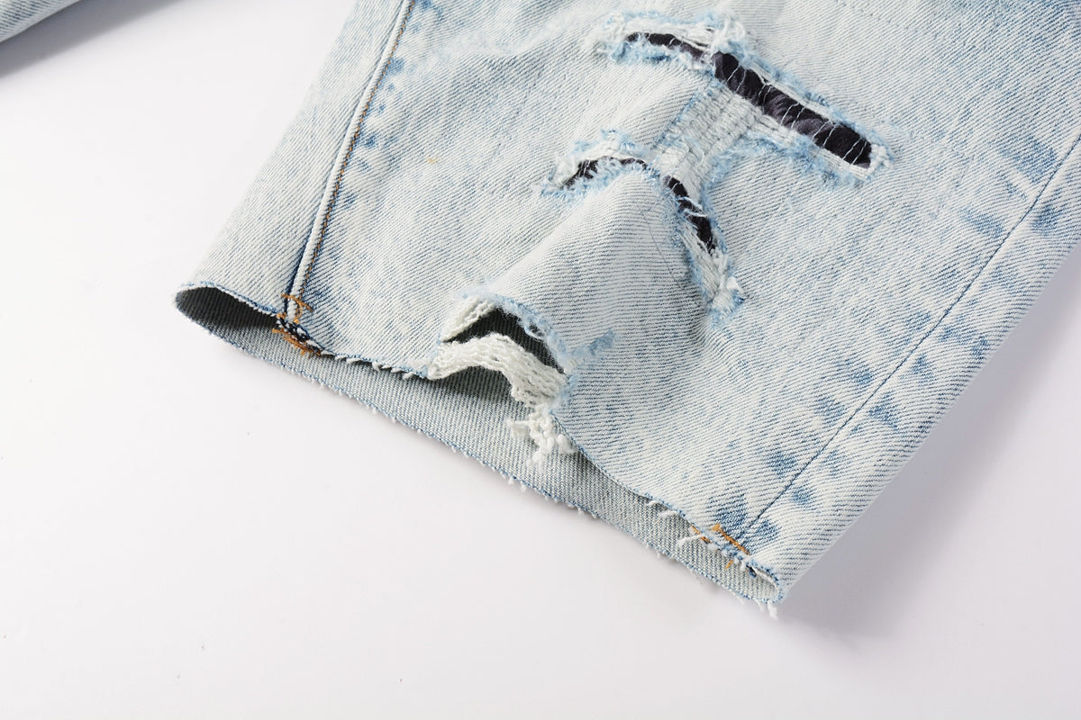 Men Streetwear Denim Shorts Light Blue Wash with Leopard Print Patched Rips 5087