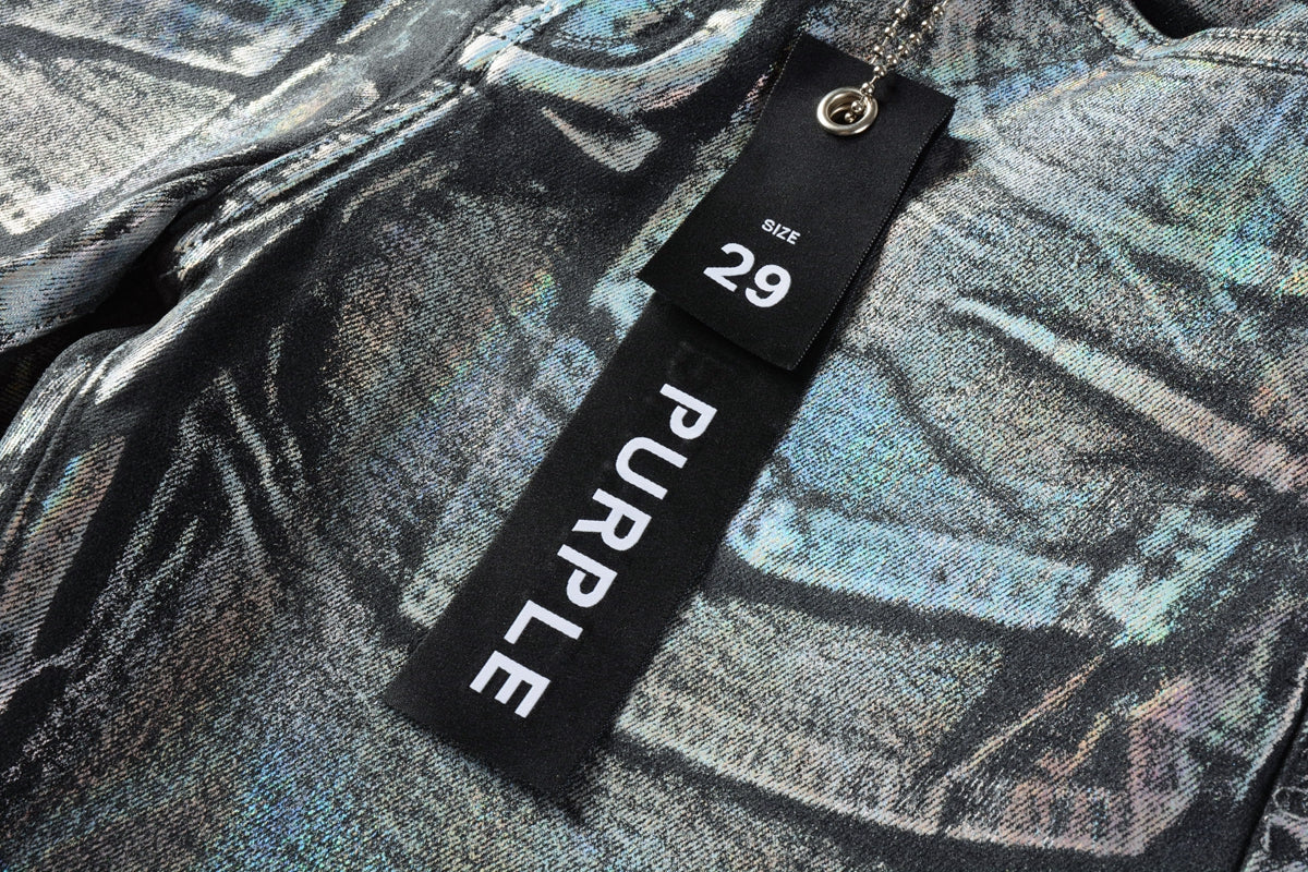 Men Streetwear Denim Shorts Black Wash with Holographic Reflective Finish and Raw Hem 5028