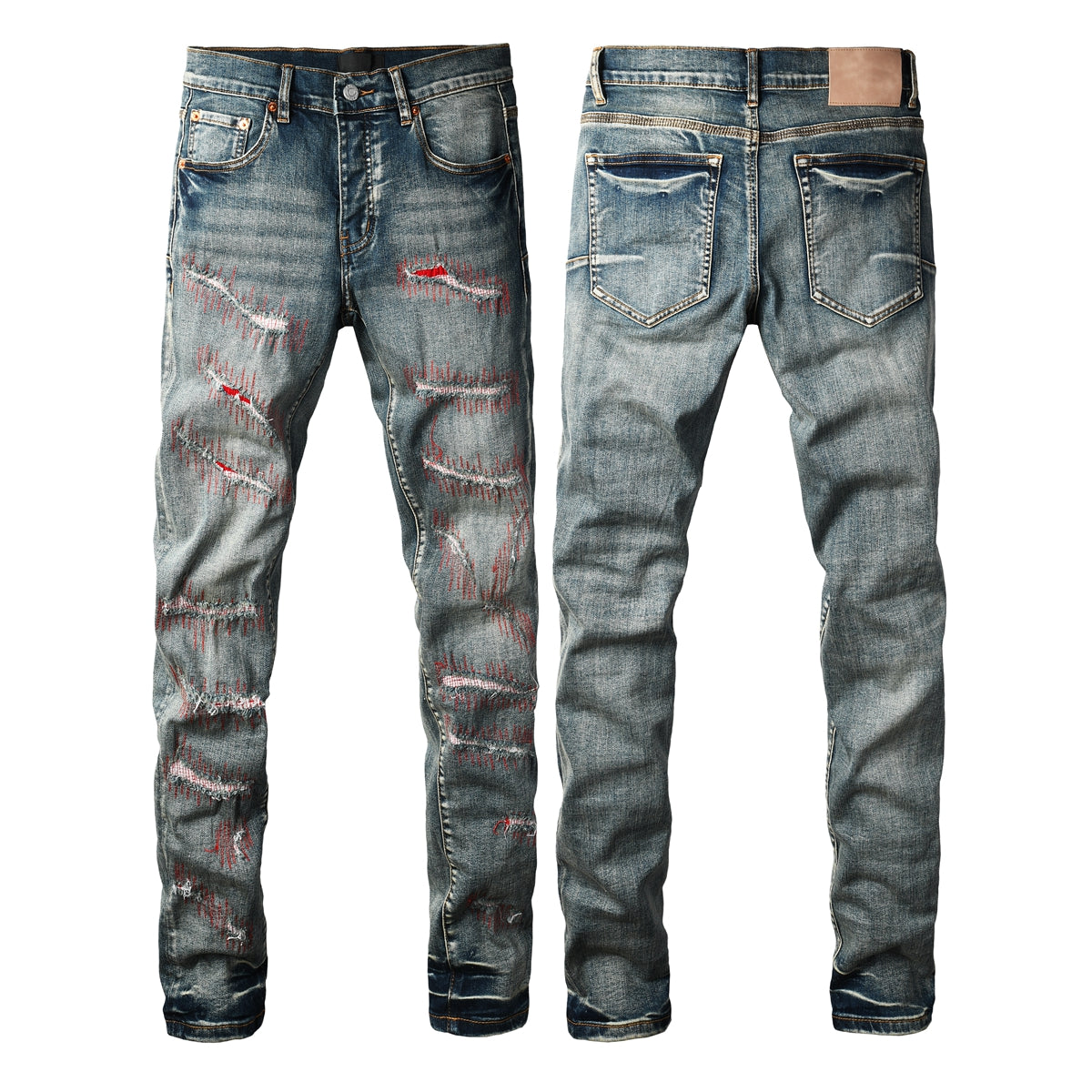 Men Streetwear Skinny Jeans Light Blue Wash with Red - Patched Distressed Details 9114