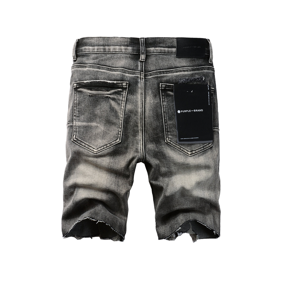 Men Streetwear Denim Shorts Grey Black Wash with Leopard Print Ripped Details and Raw Hem 5068