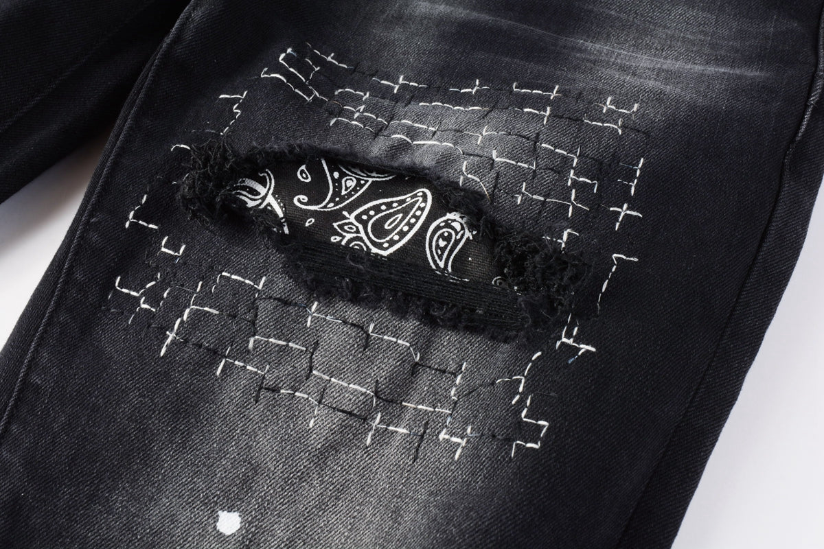 Men Streetwear Jeans Distressed Black Paint Splash Patch Ripped skinny 9099