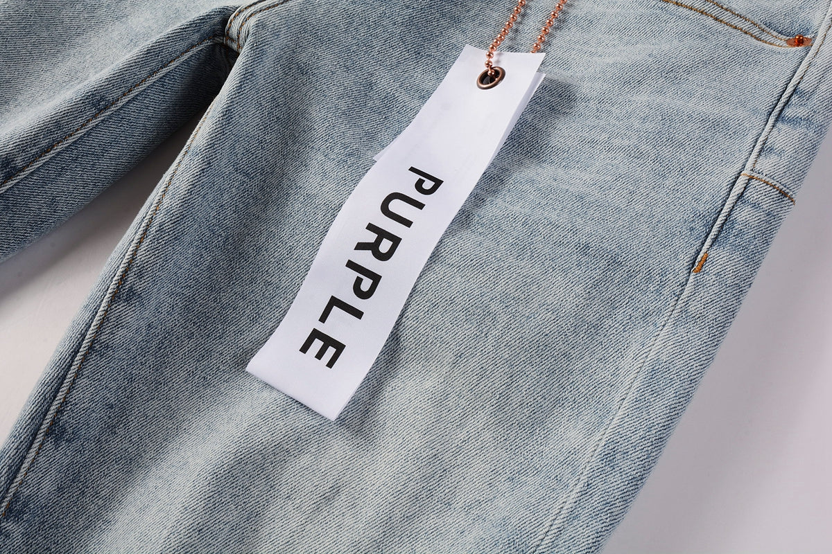 Men Streetwear Skinny Jeans Light Blue Wash with Knee Ripped Details and Black Lining 9010