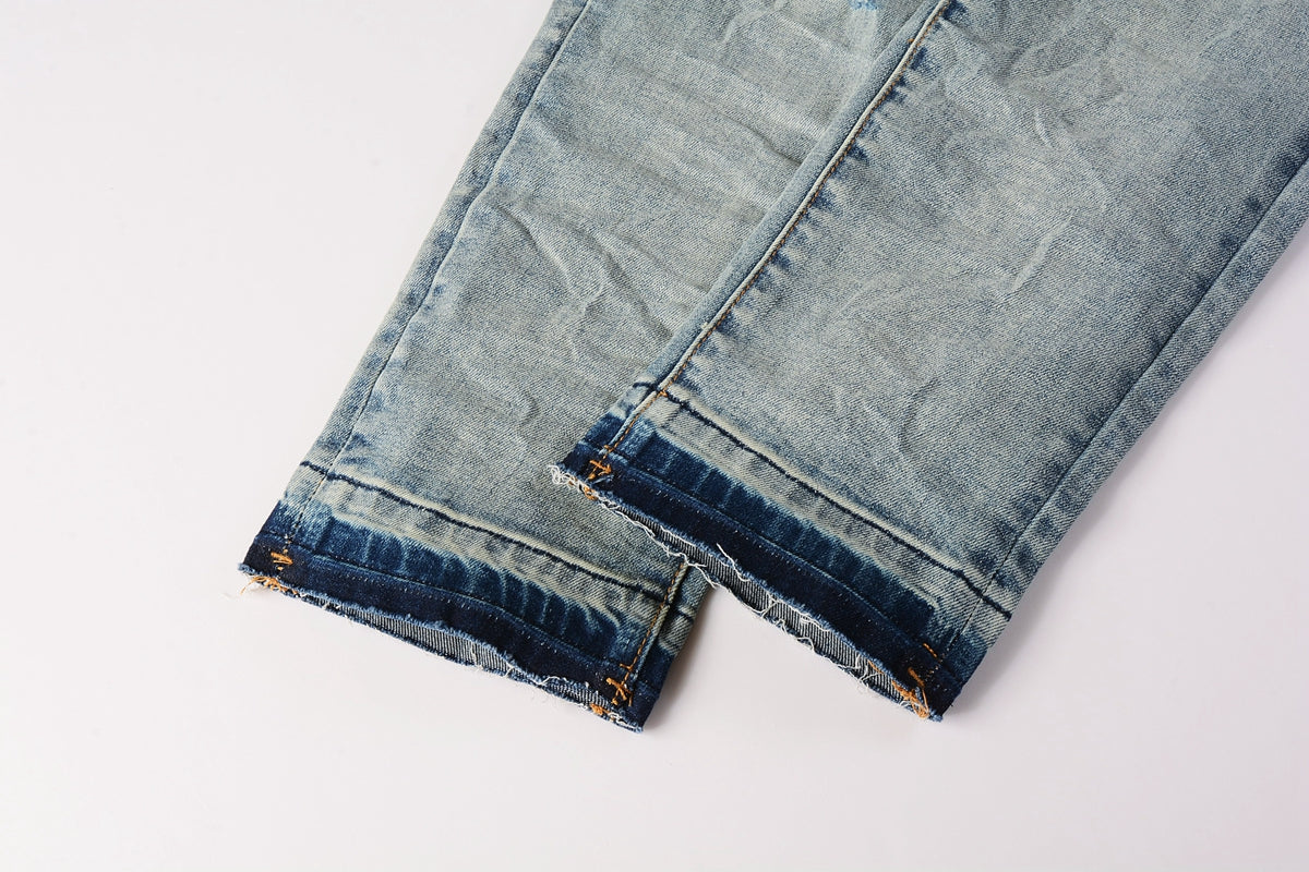Men Streetwear Skinny Jeans Light Blue Wash with Subtle White Pattern Wash 9013