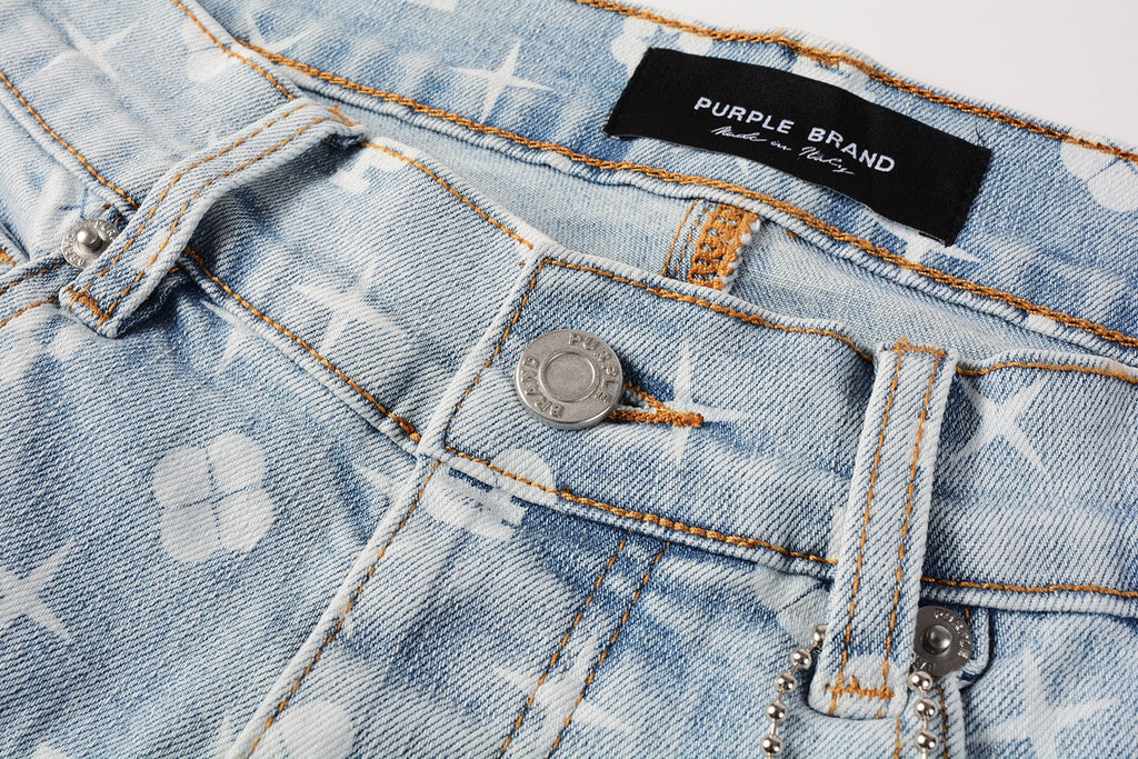 Men Streetwear Skinny Jeans Light Blue Wash with All - Over Pattern Print 9089