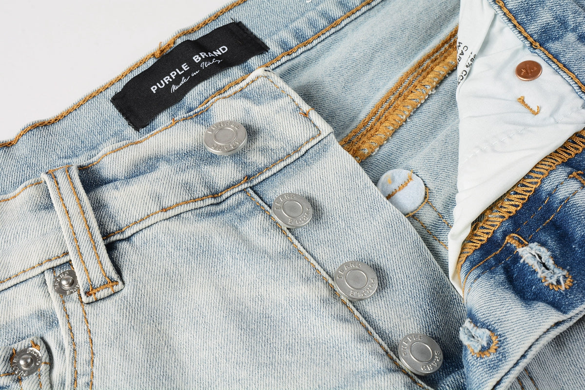Men Streetwear Denim Shorts Light Blue Wash with Black Paint Streak Print and Raw Hem 5048