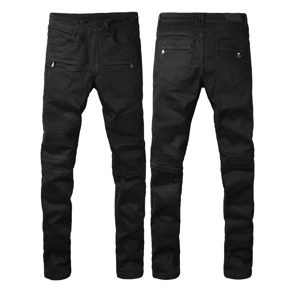 Men Streetwear Biker Skinny Jeans Black with Knee Pleats and Zipper Pockets 0964