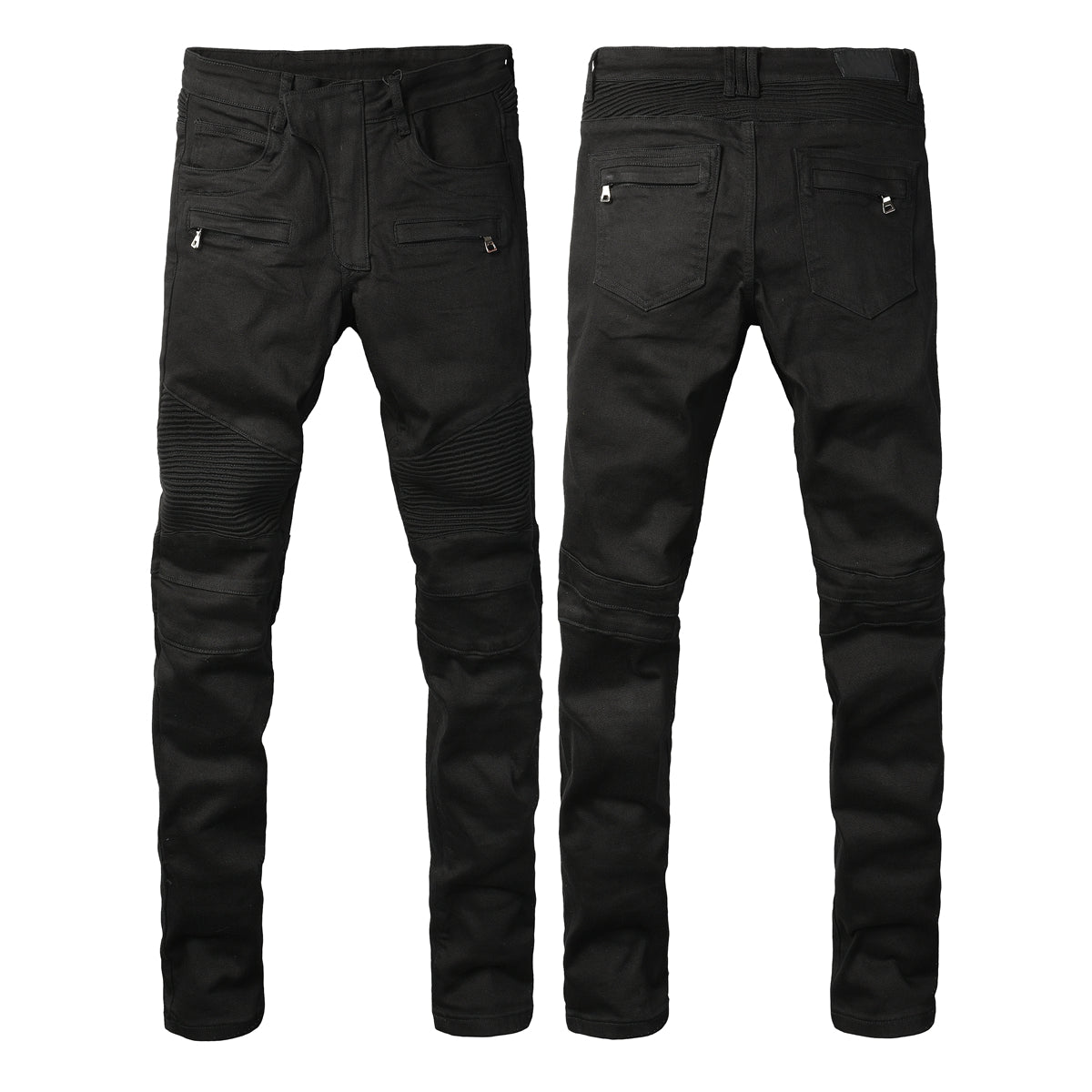 Men Streetwear Biker Skinny Jeans Black with Knee Pleats and Zipper Pockets 0964
