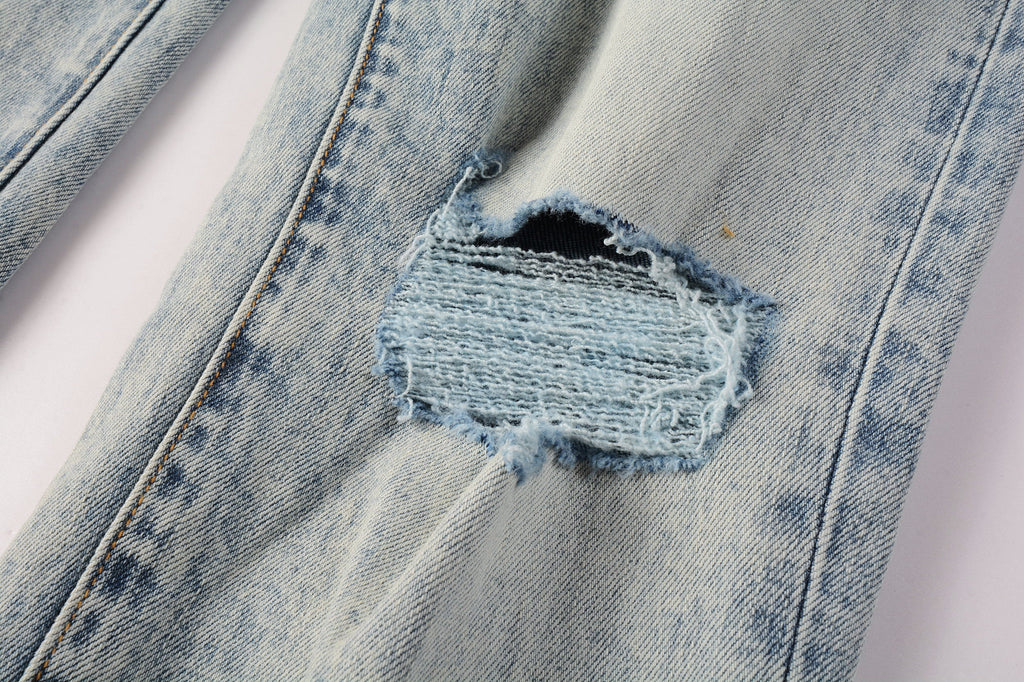 Men Streetwear Jeans Distressed Light Blue Abstract Ripped skinny 9093