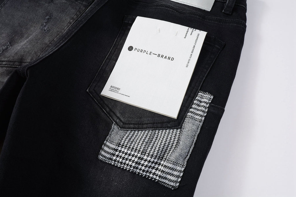 Men Streetwear Skinny Jeans Black Wash with Distressed Rips, Checkered Patches and White Paint Splatter 9001