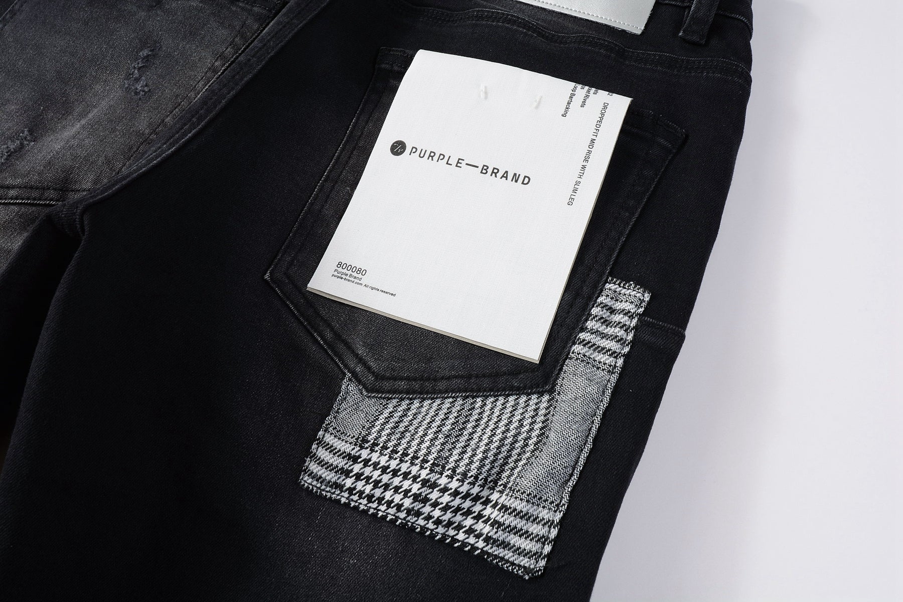 Men Streetwear Skinny Jeans Black Wash with Distressed Rips, Checkered Patches and White Paint Splatter 9001