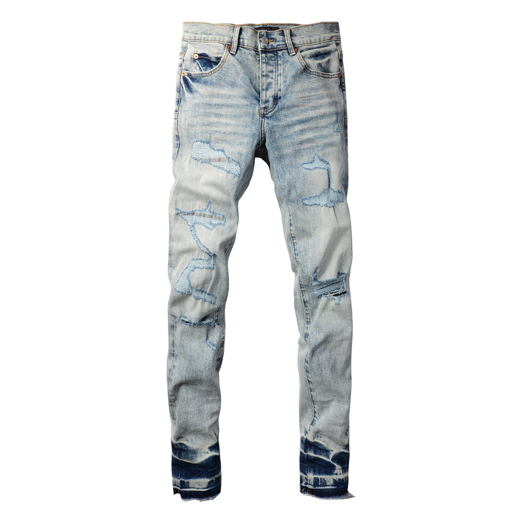 Men Streetwear Jeans Distressed Light Blue Abstract Ripped skinny 9093