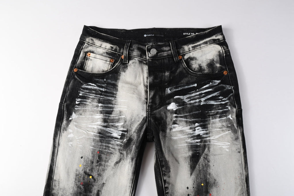 Men Streetwear Skinny Jeans Black and White Graffiti Wash with Multi Color Paint Splash 9111
