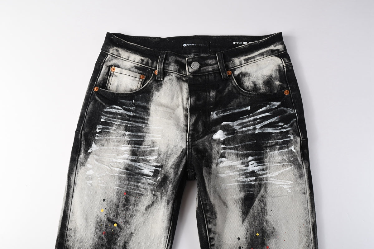 Men Streetwear Skinny Jeans Black and White Graffiti Wash with Multi Color Paint Splash 9111