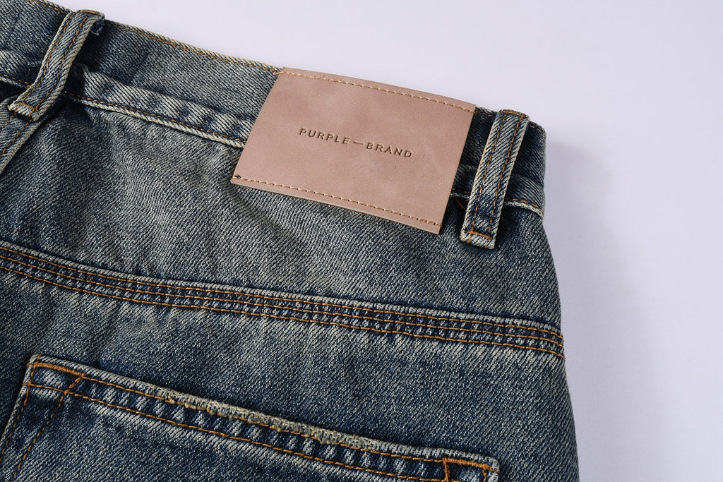 Men Vintage Streetwear Straight Jeans Blue Washed with Whisker Fade and Contrast Panels PU9120