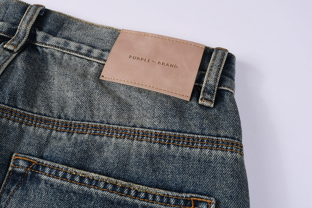 Men Vintage Streetwear Straight Jeans Blue Washed with Whisker Fade and Contrast Panels PU9120