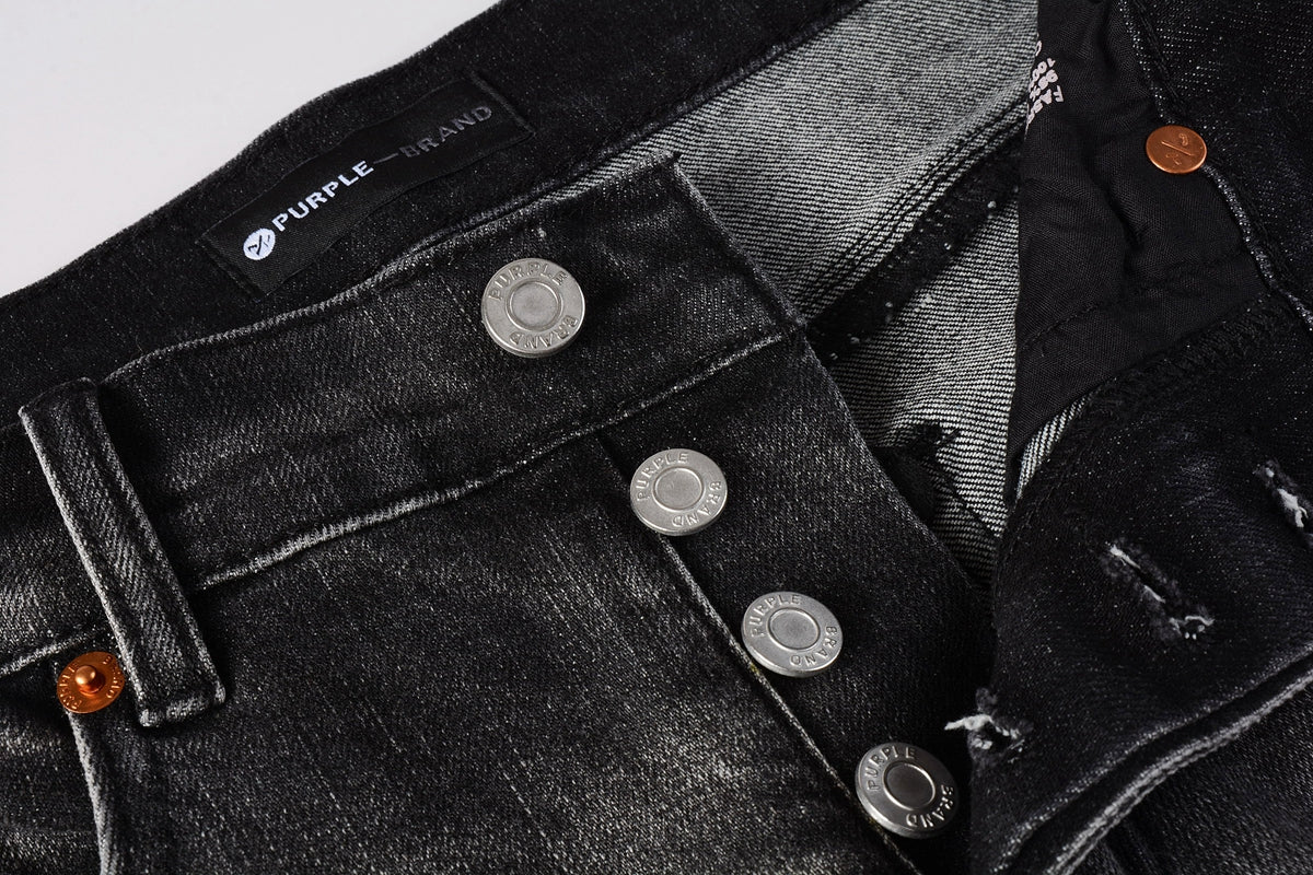 Men Streetwear Skinny Jeans Dark Gray Wash with White Paint Splatter and Distressed Rips 9032