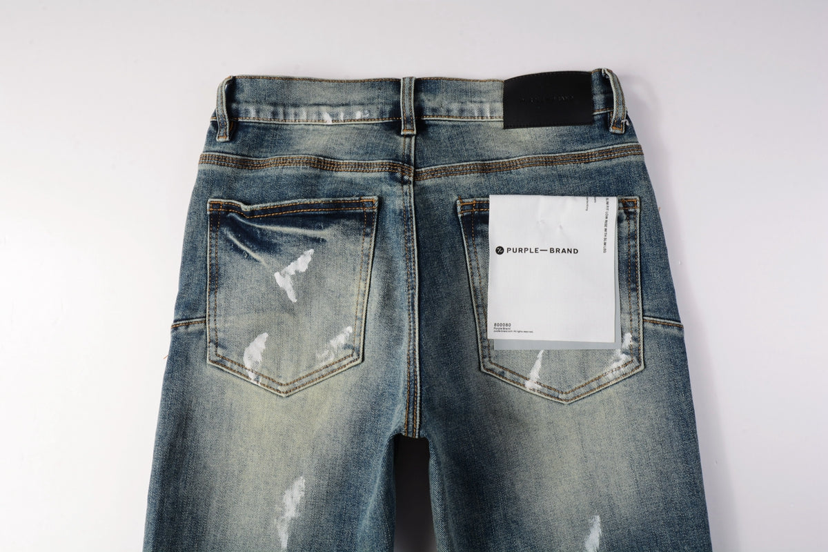 Men Streetwear Skinny Jeans Light Blue Wash with White Paint Brush Strokes 9060