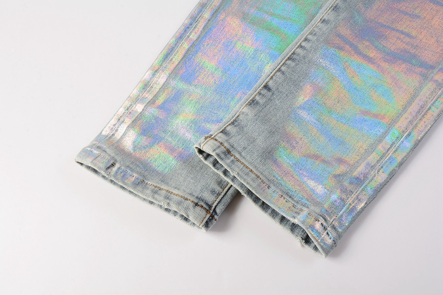 Men Streetwear Skinny Jeans Light Blue Wash with Holographic Iridescent Finish 9005